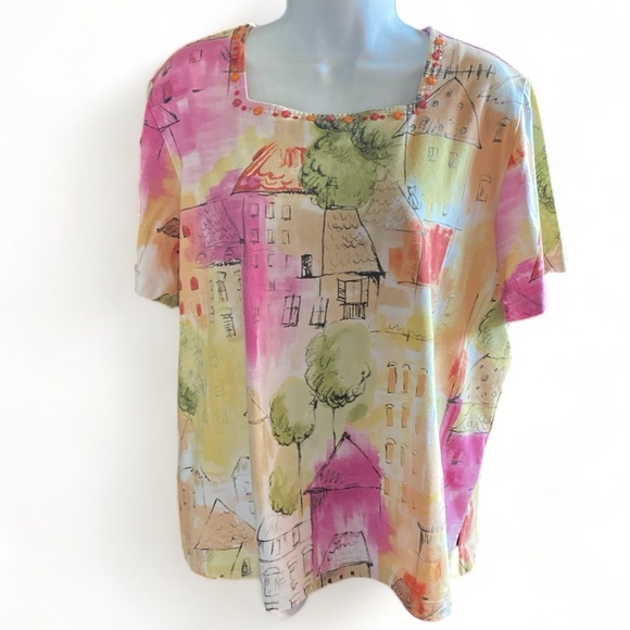 Alfred Dunner Square Neck Short Sleeve Top, Size Large, Yellow Pink Green - Picture 4 of 11